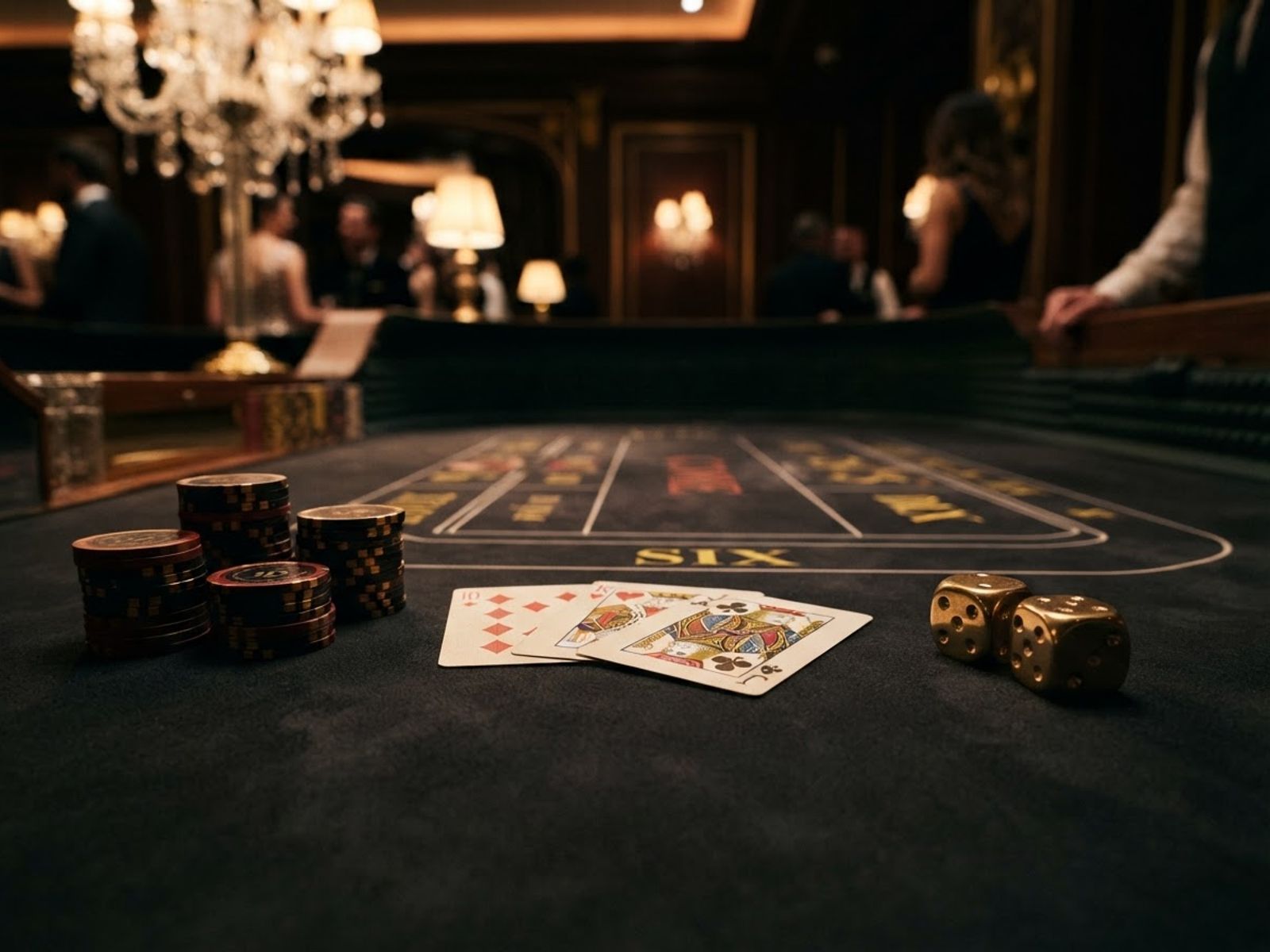 Jetons et cartes sur table de casino